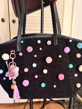 Upcycled Neiman Marcus Fuzzy Black Tote with Pastel Pom-Pom Accents and Charms